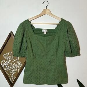 Rachel Parcell Puff Sleeve Green Eyelet Top